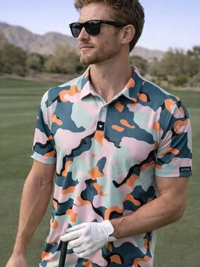 Bad Birdie Golf Polo Shirt Mens Large Colorful Camo Print Stretch Performance
